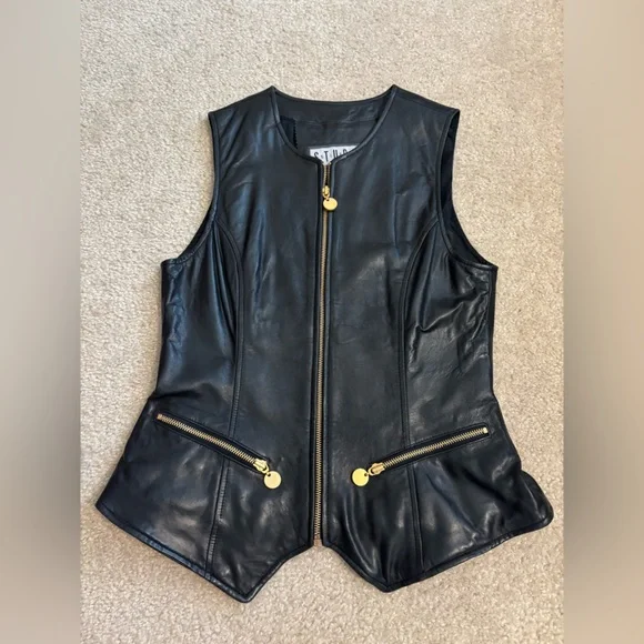 Siena Studio Vintage Leather Gold Accent Full Zip Black Vest Women’s Size Small - Picture 3 of 13
